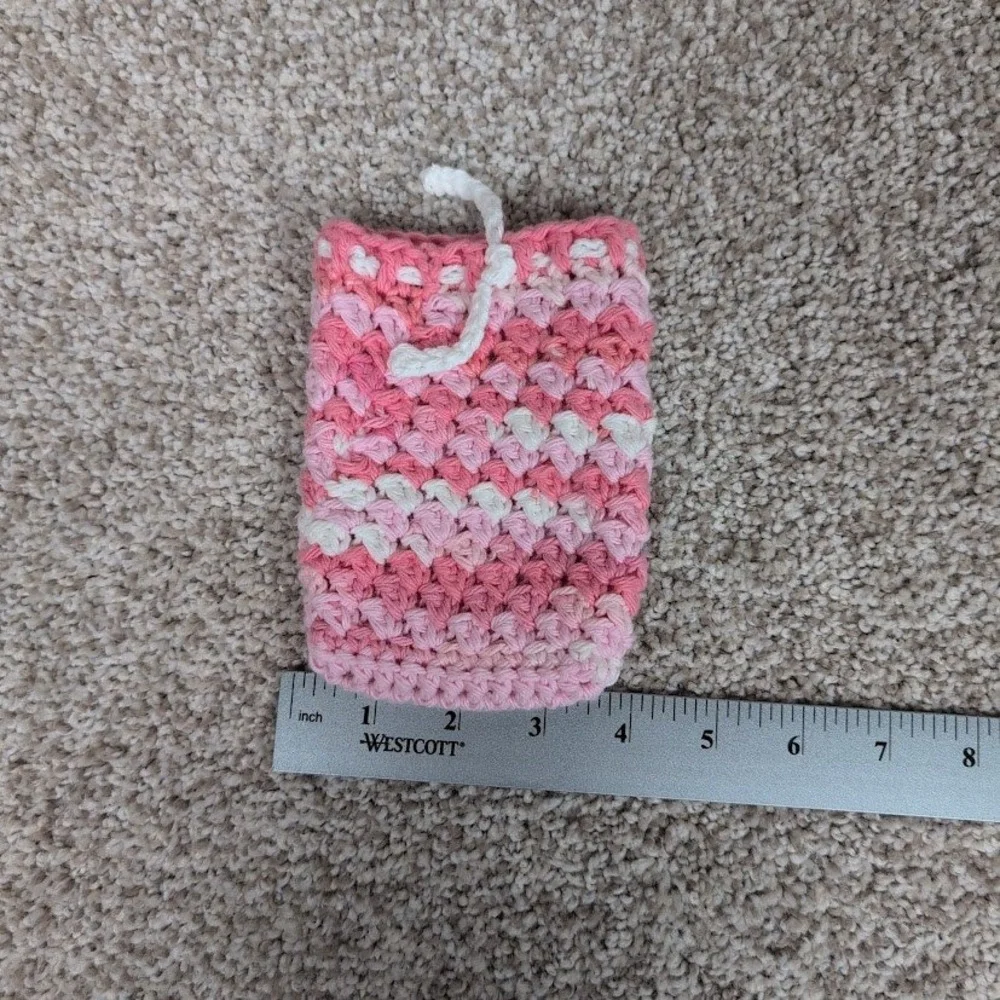 Handmade Crochet Soap Pouch Bag Pink White Ombre Drawstring Bath Shower